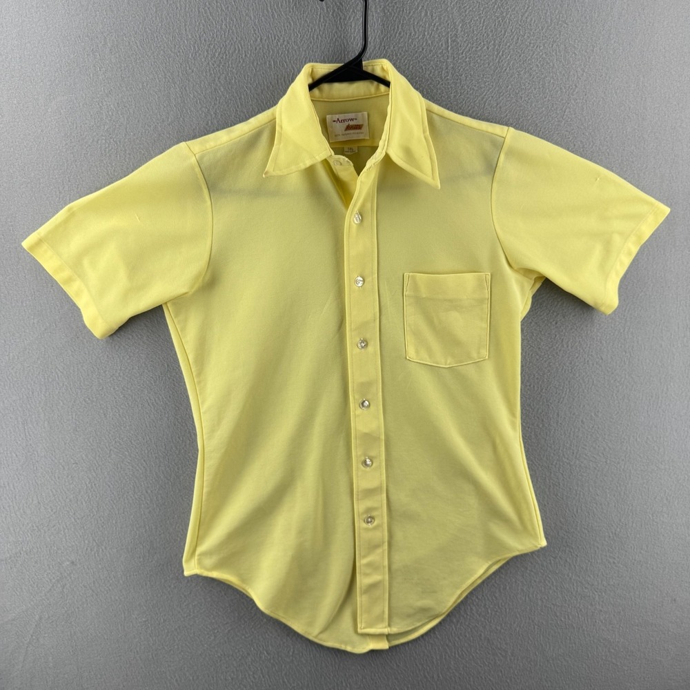 Vintage 70s Arrow Knits Shirt Mens 14.5 Small Yellow Button Up Polyester Disco